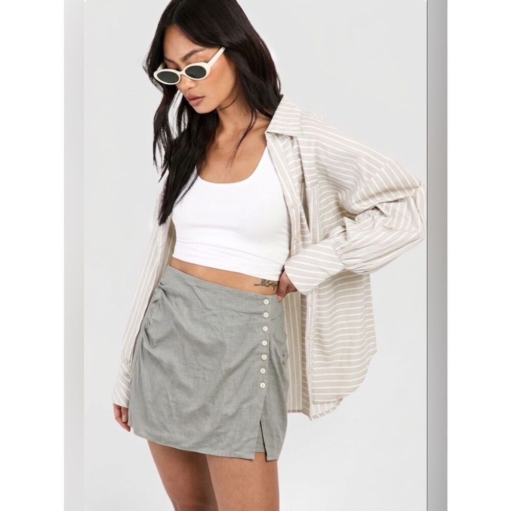 ASOS Design Linen Beige Neutral Wrap Skirt Button Front Mini Size 16 Minimalist